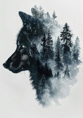 A wolf silhouette with a double exposure of a snow-covered pine forest within on a white background