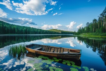 Obraz premium A serene lake reflects the sky with a wooden rowboat tied among lilies, surrounded by a lush forest
