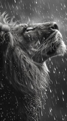 black and white image, a lion's face is captured as rain falls