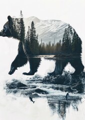 A bear silhouette with a double exposure of a river landscape with jumping salmon inside it on a white background.