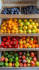 Bright fresh fruits and vegetables neatly arranged in clean