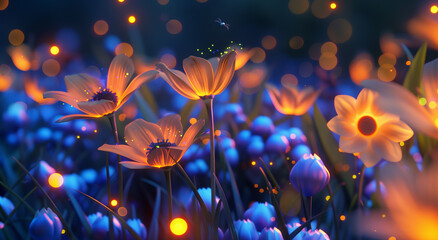 a 3D render of fantasy flowers glowing in the dark - obrazy, fototapety, plakaty