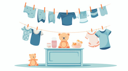 A baby shower illustration with a baby crib teddy  - obrazy, fototapety, plakaty
