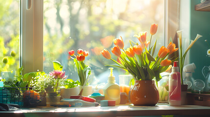 Capture the essence of spring cleaning with a vibrant and clutter-free scene. - obrazy, fototapety, plakaty