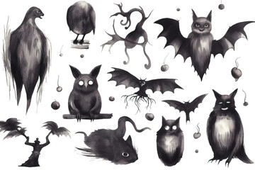animals skull ghost owl background cat elements isolated decoration drawn scarecrow raven ink halloween hand collection bat white