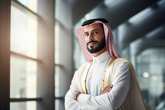Arab businessman standing in a modern hallway with his arms crossed, Copy Space - generative ai
