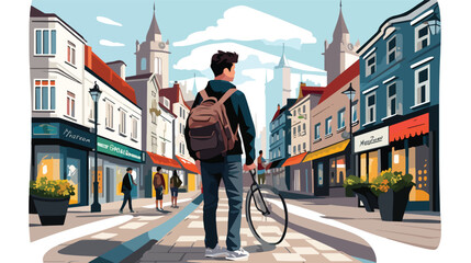 A backpacker exploring a bustling city street  - obrazy, fototapety, plakaty