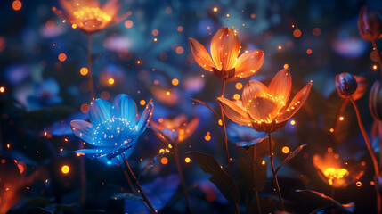 a 3D render of fantasy flowers glowing in the dark