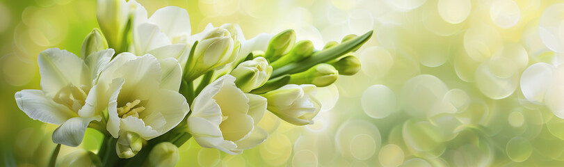 White freesias with glistening petals bask in soft, diffuse light