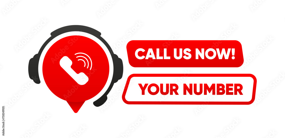 Poster call us now button. template for communication with support. phone number in website header. conspic