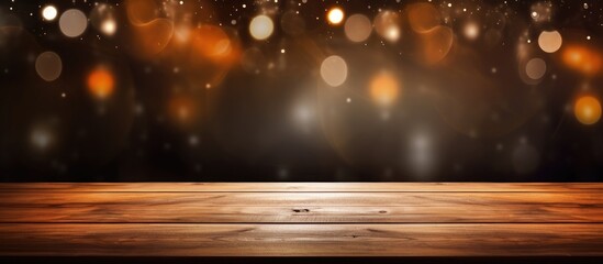A brown hardwood table sits empty under the amber glow of automotive lighting, surrounded by tints and shades of darkness. The wood plank surface radiates heat against the blurry backdrop of lights - Powered by Adobe