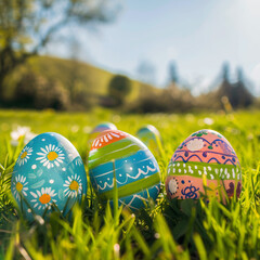 Painted easter eggs on green grass sunny day