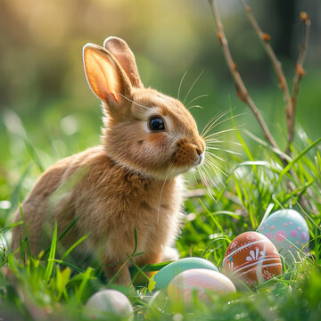 Easter bunny on green grass with painted eggs