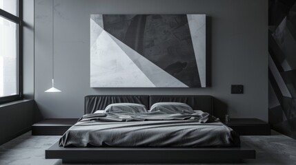 Stylish Minimalist Bedroom with Gray Walls and Geometric Art.