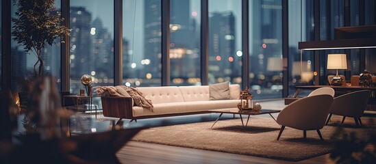 A stylish living room in a condominium building with a comfortable couch, chairs, and a large window offering views of the city skyline and a nearby treelined street