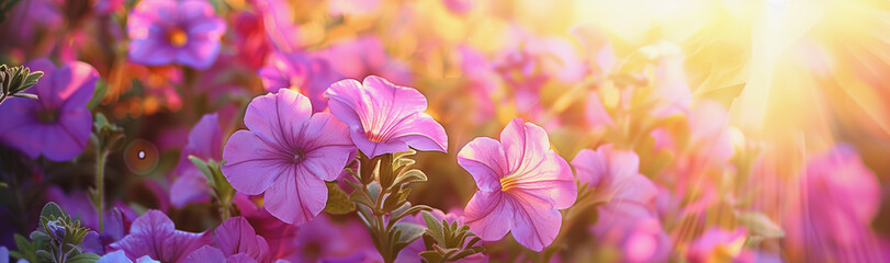 A lush garden of vibrant purple petunias basks in the warm glow of sunlight