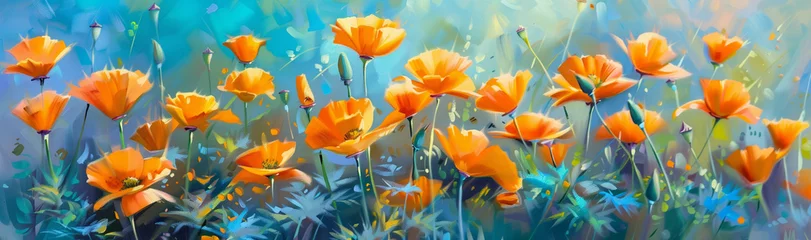 Fototapeten A California poppies in full bloom, presenting a field awash with vibrant orange © alex