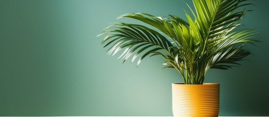 A terrestrial plant, palm tree in a yellow flowerpot, stands on a table. This houseplant adds a touch of nature to the indoor landscape