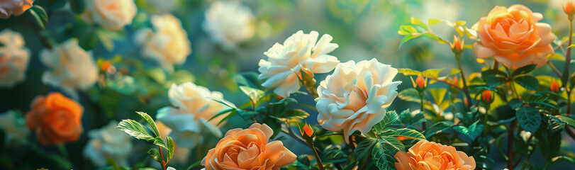 A mesmerizing garden of white and orange roses unfolds, with green leaves providing a lush backdrop