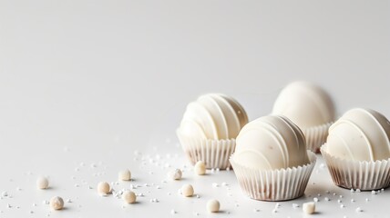 Pristine white chocolate truffles scattered with delicate sugar pearls