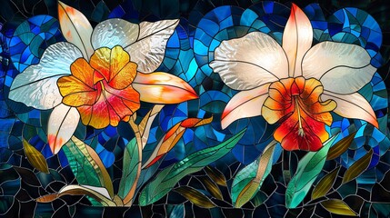 An exquisite illustration of multi-colored orchids in a stained glass style, showcasing a rich tapestry of florals.