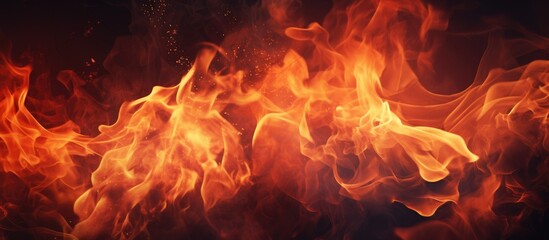 Fototapeta premium A closeup shot captures the intense heat and vibrant orange flames of a roaring fire against the black background, creating a mesmerizing artistic display of amber colors and dancing flames