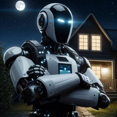 Futuristic humanoid android security robot standing on guard. General support robot guarding the house ready to sound the alarm or ward off dangers. Protecting residents at night. Generative AI