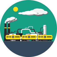 Colorful factory with train picture in round, vector illustration