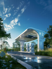 A Photo Of A Sleek Modern Hydrogen Fuel Station With Multiple Pumps And Clear H2 Markings Under A Bright Blue Sky Surrounded By Greenery