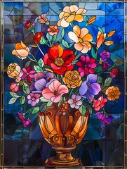 Stunning stained glass style illustration featuring a vase full of vibrant, multicolored roses.