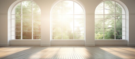 Fototapeta premium The sunlight streams through the arched windows of an empty building, casting warm tints and shades on the hardwood flooring and wooden facade