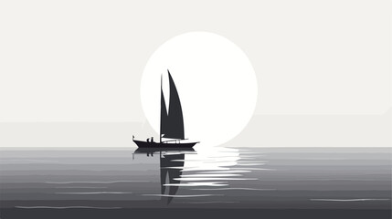A black and white illustration of a lone sailboat o - obrazy, fototapety, plakaty