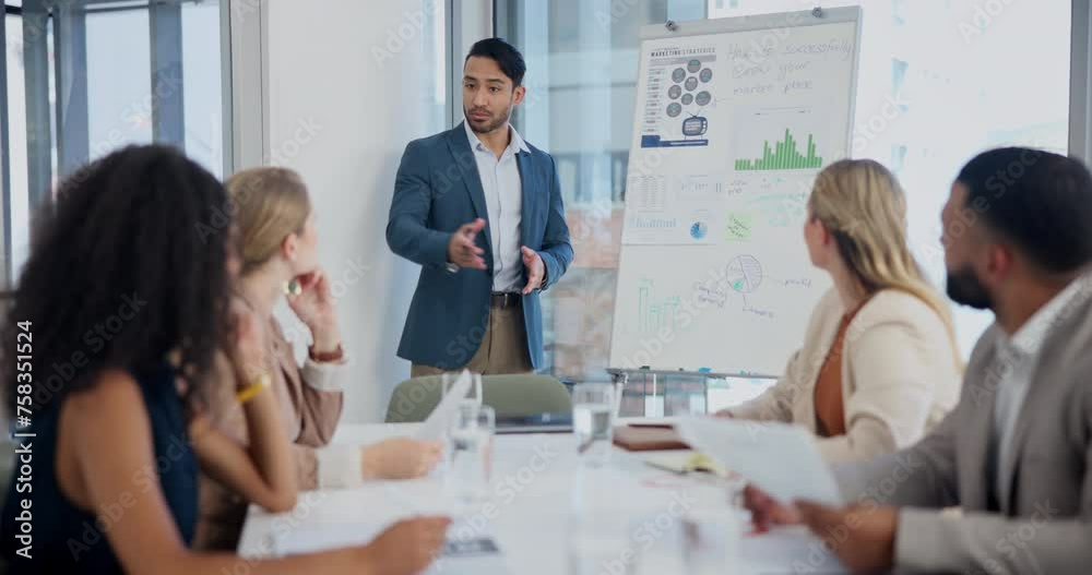 Poster meeting, presentation and man with business people and statistics, graph and financial chart in offi