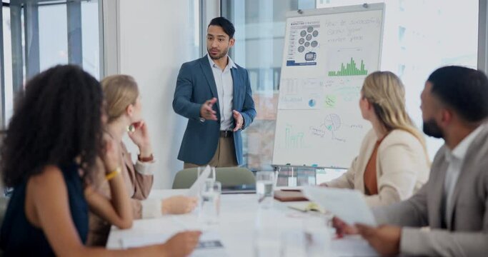 Meeting, presentation and man with business people and statistics, graph and financial chart in office. Teamwork, corporate and men and women in discussion for research, planning and project review