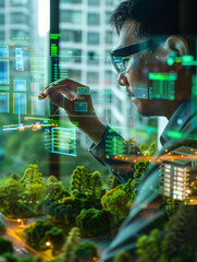 A Photo Of An Engineer Using Augmented Reality To Design An Eco-Friendly Building With A Transparent Display Showing Energy Efficiency Metrics