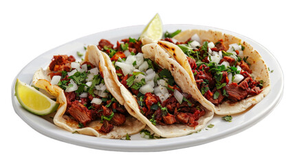 Al Pastor Tacos on a plate isolated on transparent png background. Generative ai 