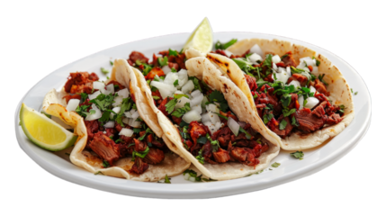 Al Pastor Tacos on a plate isolated on transparent png background. Generative ai 