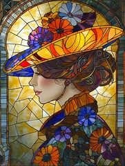 Elegant illustration of a young woman adorned with a floral hat, set against a vibrant stained glass window.