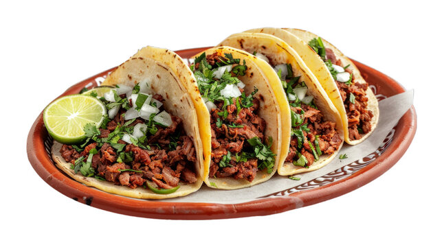 Al Pastor Tacos on a plate isolated on transparent png background. Generative ai 