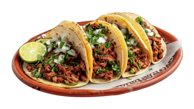 Al Pastor Tacos on a plate isolated on transparent png background. Generative ai 