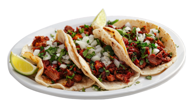 Al Pastor Tacos on a plate isolated on transparent png background. Generative ai 