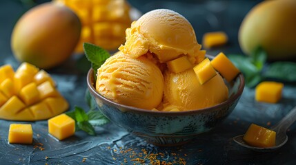 bowl of mango icecream with mango chunks