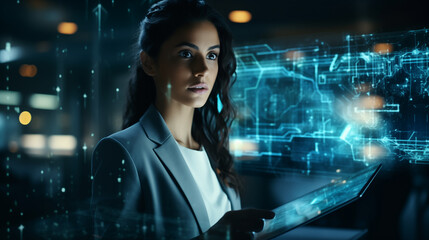 Futuristic software and hardware , coding hologram, attractive woman thinking about data analytics.