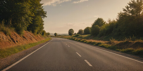 A road with side vegetation. Warm colors. Vintage and travel concepts. Space for text.