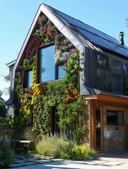 Obraz premium A Photo Of An Eco-Friendly Home With A Green Living Wall Solar Panels And A Rainwater Harvesting System Showcasing Sustainable Living Practices