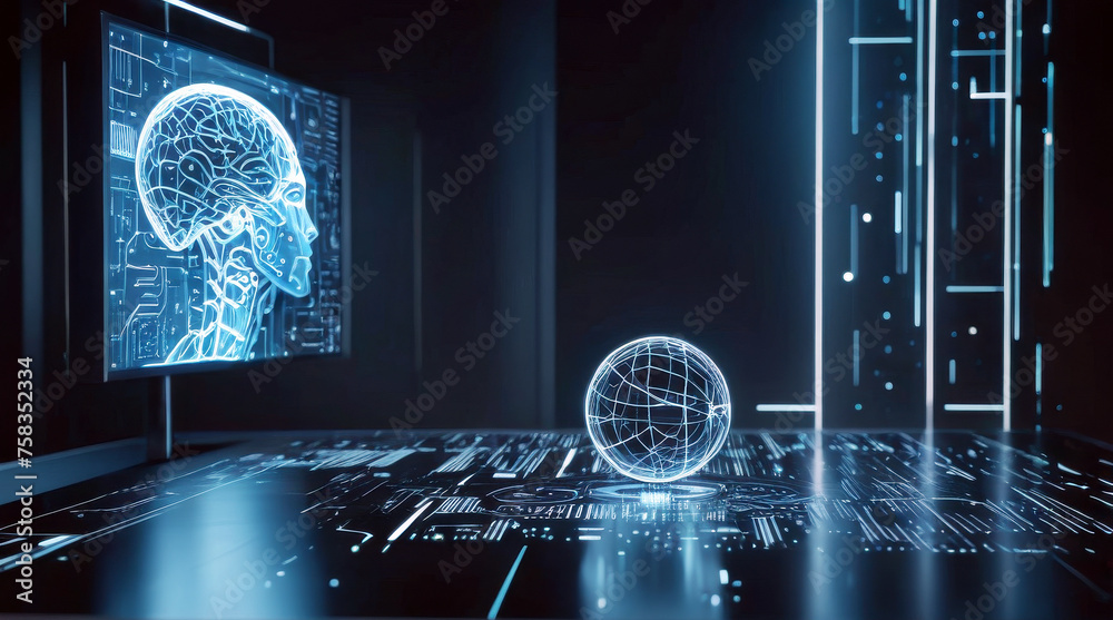 Wall mural a futuristic room with a shiny sphere on the floor and an led panel showing the brain of an android.