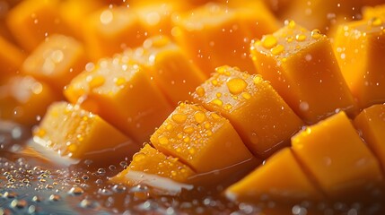 Close-up macro photo of mango fruit and mango cubes