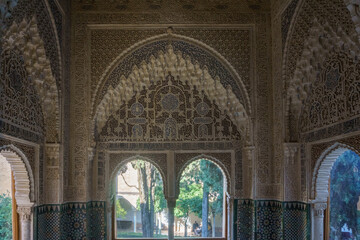 Beautiful architecture inside moorish palace with detailed artwork, Granada, Andalusia, Spain