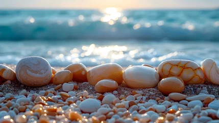 Fototapeten close up of rocks on sand blurry beach abstract background © Zain