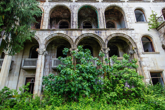 Ruined overgrown old abandoned Soviet sanatorium Iveria, Tskaltubo, Georgia